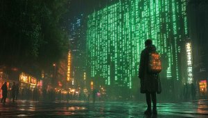 Matrix City Rain Wallpaper: Cyberpunk Style Phone and Desktop Background
