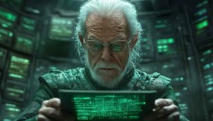 Sci-Fi Old Man Computer Wallpaper, Green Code 4K Screensaver