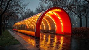 Cityscape Wallpaper: Glowing Tunnel, Urban Architecture, 4K Aesthetic
