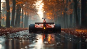 Formula 1 Car Wallpaper, Autumn Forest, Racing Car Background 4K