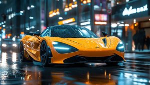 McLaren Car Wallpaper: Yellow Sports Car on Rainy City Street