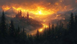 Fantasy Castle Wallpaper: Golden Sunset Landscape Aesthetic Backgrounds