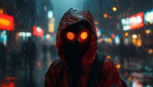 Dark Figure Wallpaper: Glowing Eyes, Rain, Urban Night, 4K Wallpaper