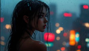 Rain Girl City Lights 4K Wallpaper for Phone and Desktop