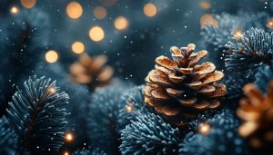 Christmas Wallpaper: Pine Cone, Evergreen Branches, Festive Lights, Snow