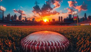 Baseball Wallpaper: Stadium, Cityscape Sunset, Sports Wallpaper, 4K Background