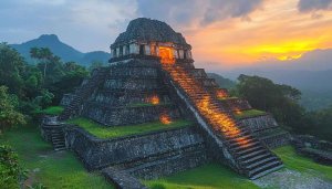 Mayan Temple Wallpaper: Ancient Ruins and Sunset Landscape Photography