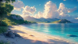 Scenic Beach Wallpaper: Ocean Views, Mountains, Sky Landscape Wallpaper
