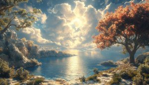 Nature Wallpaper: Serene Lake Landscape with Trees and Cloudy Sky