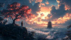 Japanese Pagoda Scenery Wallpaper, Sunset Sky Wallpaper, Aesthetic Wallpaper