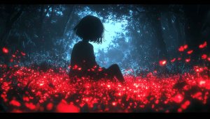 Anime Girl Wallpaper: Red Flowers, Dark Forest, Night Scenery
