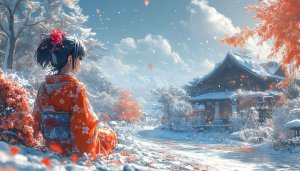 Anime Winter Wallpaper: Kimono Girl in Snowy Japanese Scenery