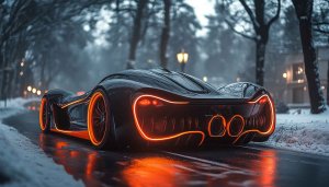 Futuristic Car Wallpaper: Neon Lit Wheels and Snowy Backdrop Scene
