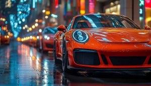 Porsche Car Wallpaper: Orange Sports Car City Lights 4K