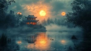 Zen Wallpaper: Japanese Pagoda, Lake, Sunset Scenery, 4K Wallpaper
