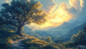 Sunrise Landscape Wallpaper: Nature Scenery, Mountain Views, Tree Background