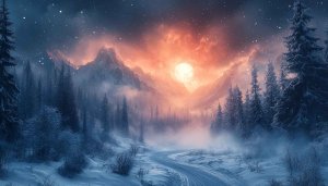 Winter Landscape Wallpaper: Snowy Mountains, Forest, Moon, 4k Resolution