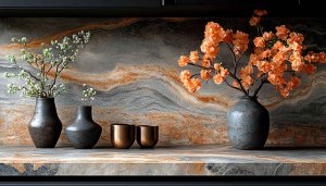 Floral Arrangement Wallpaper: Decorative Vases and Marble Background Decor