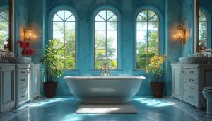 Luxury Bathroom Wallpaper: Interior Design, Bathtub, Nature View, 4K