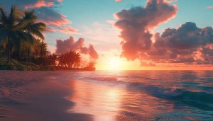Tropical Beach Sunset Wallpaper: Ocean View, Palm Trees, 4K Quality