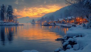 Winter Landscape Wallpaper: Snowy Lake Scenery at Sunset for Desktop