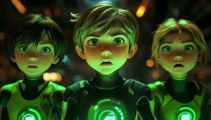 Cartoon Character Wallpaper: Sci-Fi Kids with Glowing Suits Wallpaper