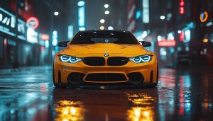 BMW M4 Wallpaper: Yellow Car in Rain, City Lights 4K