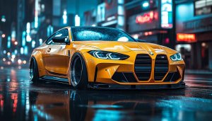 BMW Car Wallpaper: Yellow M4 in Rainy Cityscape - 4K