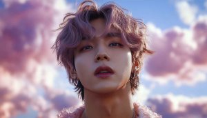 Aesthetic Korean Boy Wallpaper | Pink Hair and Sky Backdrop