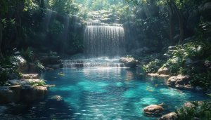 Waterfall Wallpaper: Nature Scene, Jungle, Tranquil Landscape, Blue Water