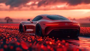 Red Mercedes Car Wallpaper, Automotive, Vehicle, and Sunset Landscape