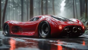 Red Supercar Wallpaper: Futuristic Car Design, Forest Background, Car Aesthetic