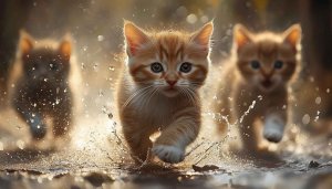 Cute Kitten Wallpaper: Ginger Cats Running in Water, 4k Wallpaper