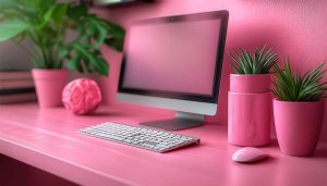 Pink Aesthetic Wallpaper: Desk Setup, Computer, Plants 4K Wallpaper