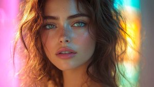 Beauty Portrait Wallpaper: Woman with Freckles, Colorful Lighting