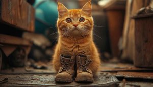 Cute Cat Wallpaper: Orange Kitten with Boots in 4K