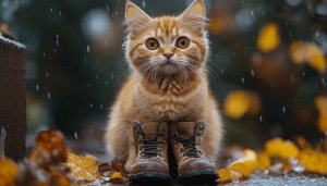 Ginger Cat Wallpaper: Boots, Rain, Autumn, Cute Animal Background