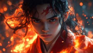 Anime Warrior Wallpaper: Fierce Character in Fire 4k Wallpaper