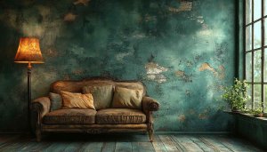 Vintage Interior Wallpaper: Rustic Couch, Teal Wall, Antique Room Aesthetic