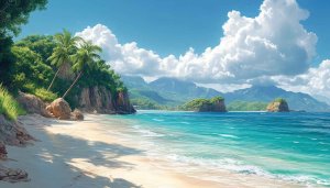 Tropical Beach Wallpaper: Ocean View, Palm Trees, Island Scenery