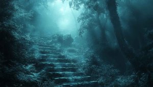 Mystical Forest Wallpaper: Foggy Stairway to Enchantment, Scenic Landscape
