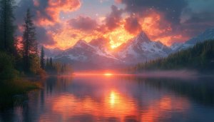 Lake and Mountains Sunset Wallpaper, Nature Landscape Background