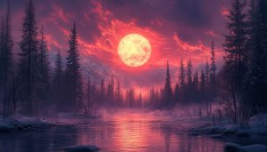 Full Moon Wallpaper: Forest, River, and Red Sky Landscape