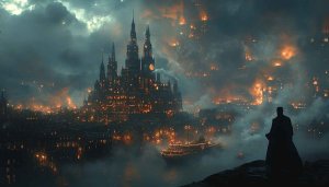 Burning City Wallpaper: Dark Fantasy, 4K, Desktop & Mobile