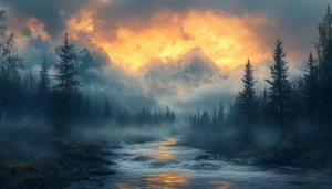 Nature Wallpaper: River, Mountains, Forest at Dusk Wallpaper