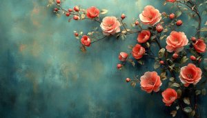 Floral Wallpaper: Aesthetic Rose Branch, Artistic Teal Background - Desktop
