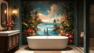 Tropical Bathroom Wallpaper, Island Getaway Mural, Artistic Interior Design