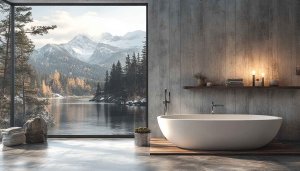 Modern Bathroom Wallpaper with Mountain View and Bathtub 4K