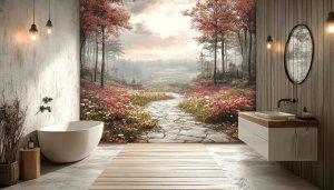 Autumn Forest Path Wallpaper for Bathroom Decor Inspiration