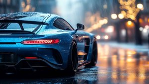 Blue Car Wallpaper: Mercedes AMG GTR, Rain, City Lights, 4K